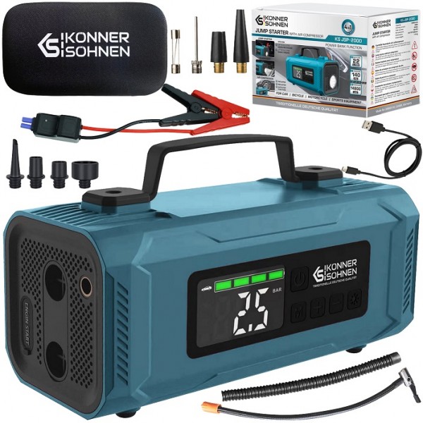 Automobilių užvedėjas su kompresoriumi KÖNNER & SÖHNEN 200A, 14,8Ah, KS JSP-2000 Automobilių užvedėjas su kompresoriumi KÖNNER & SÖHNEN 200A, 14,8Ah, KS JSP-2000